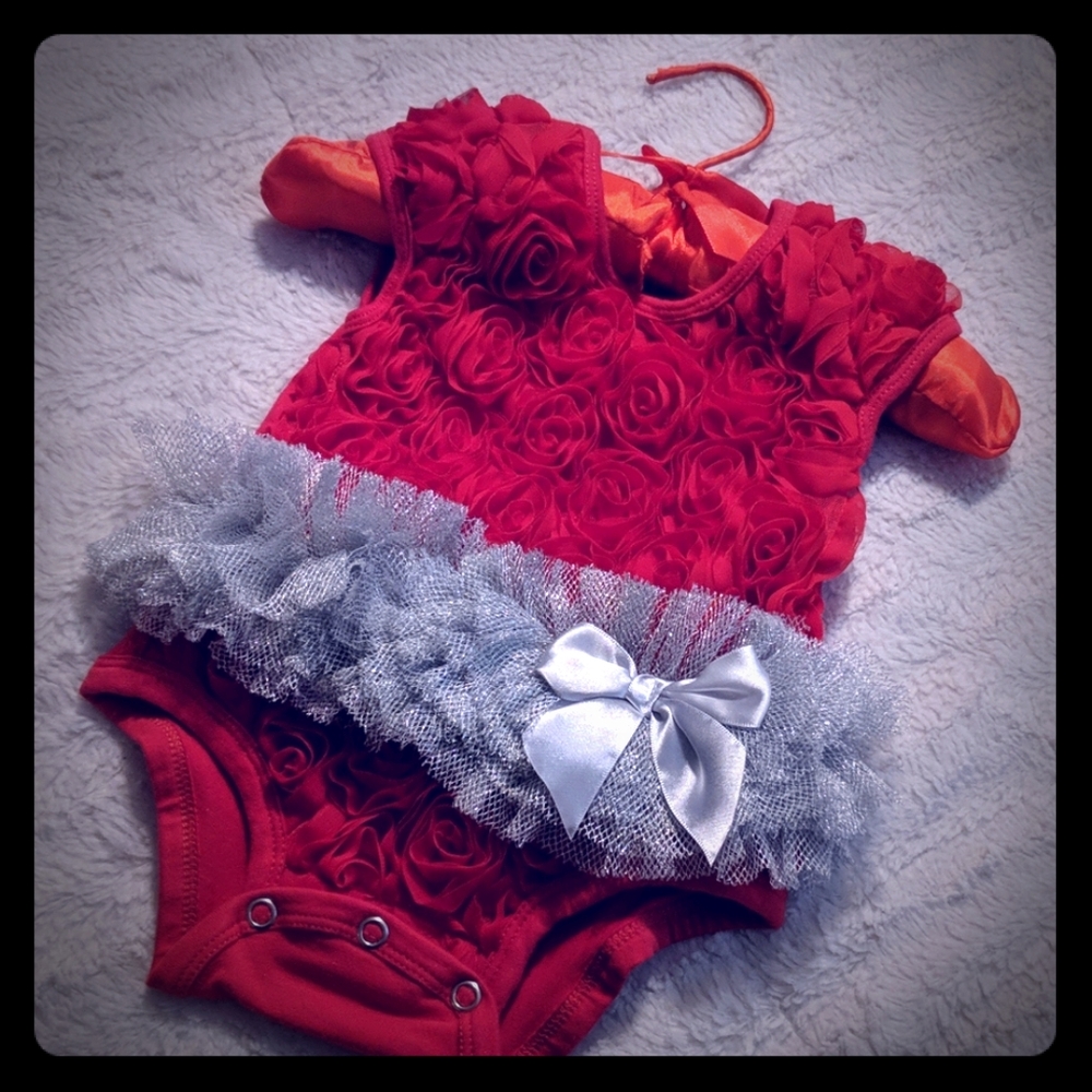 Popatu- Red Rose Onesie W/ Silver Tutu